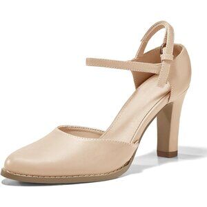 Women's Nude Chunky High Heels Closed Pointed Toe Ankle Strap Pumps Shoes